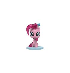 a little pony with pink hair sitting on top of a blue base and looking at the camera