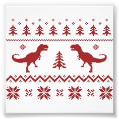 a red and white knitted christmas sweater with two dinosaurs in the middle, one dinosaur is