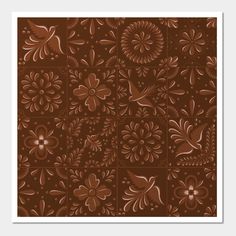 a brown and white tile pattern with flowers on the bottom, in different sizes and colors