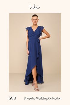 a woman in a blue dress with the words shop the wedding collection on it's page