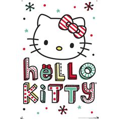 the hello kitty logo is shown in red, white and green colors with snowflakes