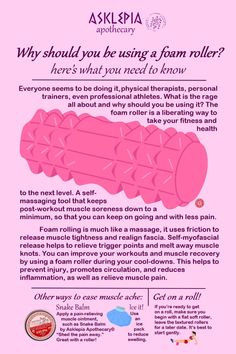 𝓔veryone seems to be doing it, physical therapists, personal trainers, even professional athletes. What is the rage all about and why should you be using it? The foam roller is a liberating way to take your fitness and health to the next level. A self-massaging tool that keeps post-workout muscle soreness down to a minimum, so that you can keep on going and with less pain. Foam rolling is much like a massage, it uses friction to release muscle tightness and realign fascia. Self-myofascial release helps to relieve trigger points and melt away muscle knots. You can improve your workouts and muscle recovery by using a foam roller during your cool-downs. This helps to prevent injury, promotes circulation, and reduces inflammation, as well as relieve muscle pain. Workout Soreness, Keep On Going, Foam Roller Exercises