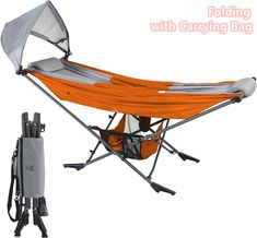 an orange and grey hammock sitting on top of a white wall next to a bag