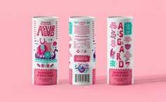 three different types of sodas on a pink background with the same label as shown