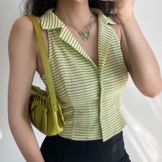 Vest Handmade, Button Vest, Bodycon Dresses Casual, Crop Top Blouse, Sleeveless Vest, Sleeveless Shirt, Swimsuit Tops, Green Stripes, Lapel Collar