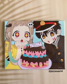 two anime characters are next to a cake