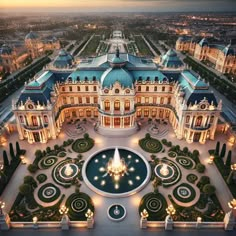 an aerial view of a large building with many gardens and fountains in the middle of it