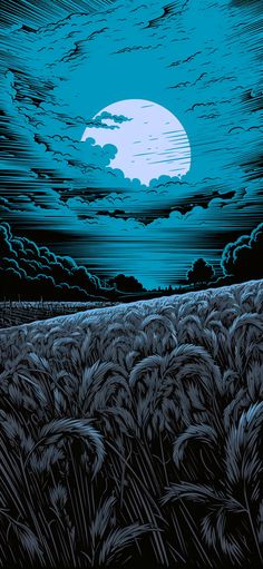 an image of a full moon in the sky over a wheat field with blue clouds