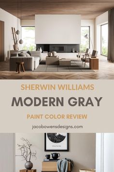 the modern gray paint color is shown in this living room