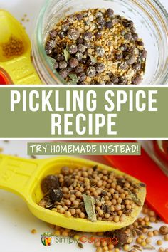 two pictures with the words pickling spice recipe on them and in front of it