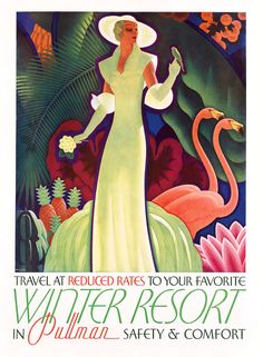 a woman in a white dress and hat standing next to flamingos with text that reads travel at reduced dates to your favorite summer resort