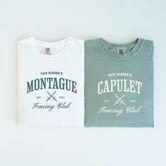 two t - shirts that are sitting next to each other on a white surface,