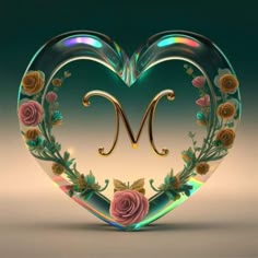 the letter m is surrounded by roses and leaves in a heart shaped frame with gold lettering