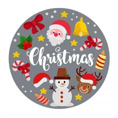 christmas stickers with santa claus, snowman and other holiday related items on a gray background