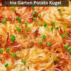 a close up of a pizza with peas on it and the words ina garten potato kugel