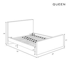 queen size bed frame with drawers and headboard measurements for the bottom panel, shown in white