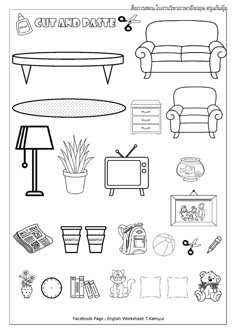 a black and white image of furniture and accessories for children's playrooms