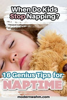 a young child sleeping next to a teddy bear with the caption, when do kids stop napping?