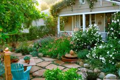 a garden with flowers and plants in front of a house