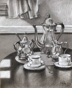 a drawing of tea set on a table with cups and saucers next to it