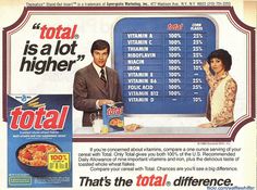 an advertisement for total foods with two people at the counter and one man holding a can