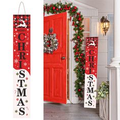 two christmas decorations on the front and side of a red door with white snowflakes