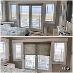 the before and after shots of a bedroom with sliding glass doors that have been closed