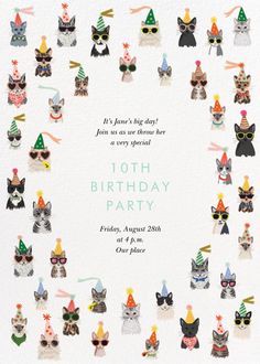 a birthday card with many cats wearing party hats and sunglasses on it's face