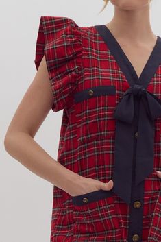 You'll love this Jingle Bell Plaid Tweed Dress! It's perfect for festive occasions and will have you jingling all night long! Get ready to slay in this playful Jingle Bell Plaid Dress! Featuring a plaid print, button-up front, and self-tie detail at the bust, this mini dress is sure to make a statement. With front pockets, ruffled sleeves, and a lightweight, non-sheer woven material, you'll feel both stylish and comfortable. Plus, it's lined for extra quality! Tartan Blouse, Barbour Women, Brunch Fashion, Red Plaid Dress, Feminine Details, Floral Cocktail Dress, Long Sleeve Outerwear, Cute Rompers, Jingle Bell