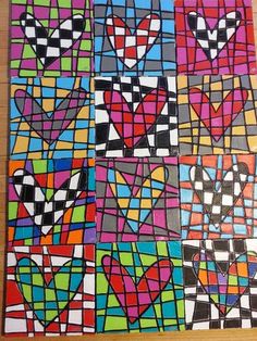 an art project with different colored squares and hearts