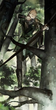 an anime character standing in the middle of a forest