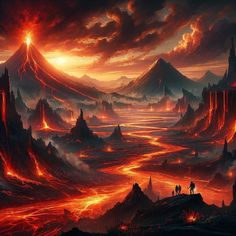 an image of a fantasy scene with mountains and lava