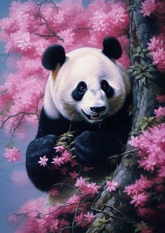 a panda bear sitting in a tree with pink flowers