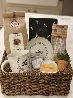 a basket filled with coffee and tea on top of a table