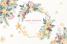 a christmas card with gold stars and holly wreaths