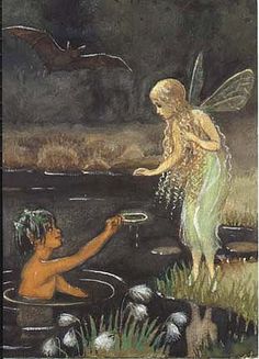 a card with a fairy and a man in the water