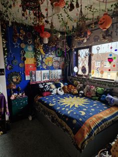 a bedroom decorated with lots of colorful decorations