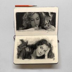 two pictures of women with pencils on them