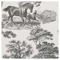 a drawing of two horses running through the woods