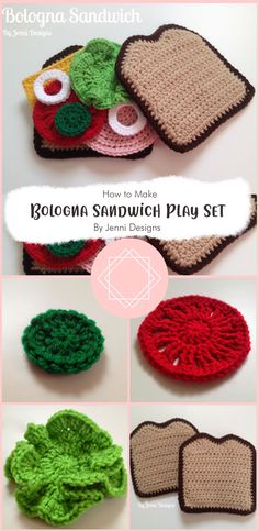 crocheted sandwich play set is shown with instructions to make it in different colors