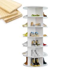 a white shelf with several pairs of shoes on it next to a cutting board and two pieces of wood