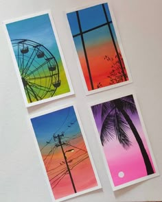 four different pictures are hanging on the wall in front of a clock tower, ferris wheel and palm trees