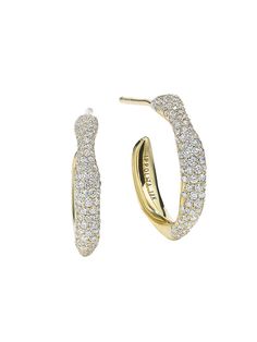 "Find IPPOLITA Stardust Squiggle Mini 18k Green & Diamond Pavé Hoop Earrings on Editorialist. From the Stardust Collection. Ippolita's mini Squiggle hoop earrings are handcrafted of 18K green gold with brilliant white diamond pavé embellishments along the exterior. Diamond, 0.63 tcw Diamond clarity: H-i, si1 18K green gold Post back Imported SIZE Drop, about 68\" ABOUT THE BRAND Italian artist and designer Ippolita Rostagno founded her luxury jewelry house in New York City in 1999. Having studied sculpture and ceramics at the Istituto d'Arte in Florence, Rostagno embraces organic shapes and a fluid, timeless aesthetic. Today, her colorful creations are designed for everyday wear and finely crafted in 18K gold, silver and precious stones. Ippolita. Color: Gold." Green Gold Jewelry, Ippolita Jewelry, House In New York, Stick Earrings, Medium Hoop Earrings, Luxury Earrings, Stack Ring, Timeless Aesthetic, Silver Prices