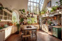 a kitchen filled with lots of potted plants next to a table and chairs on top of a hard wood floor