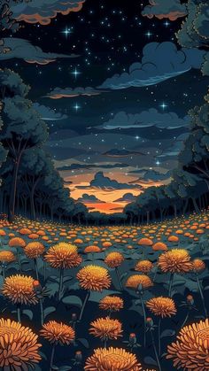 a field full of yellow flowers under a night sky