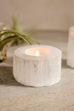 two white candles sitting next to each other on top of a wooden table with plants in the background