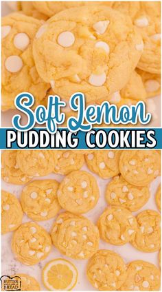 soft lemon pudding cookies with white chocolate chips on top and the words soft lemon pudding cookies above