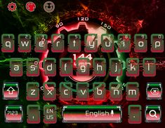 a keyboard with red and green letters on the keys, which are all lit up