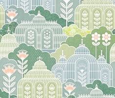 a green and white wallpaper with lots of flowers