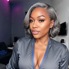 Silver Bob Black Women, Wig Side Part, Side Part Bob, Grey Wigs, Grey Bob Hairstyles, Gray Hairstyles, Grey Hair Don't Care, Short Cut Wigs, Salt And Pepper Hair